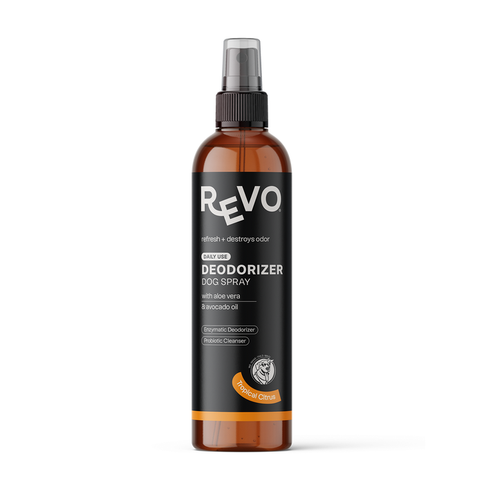 Revo Deodorizer, Tropical Citrus, 8 oz spray bottle, front