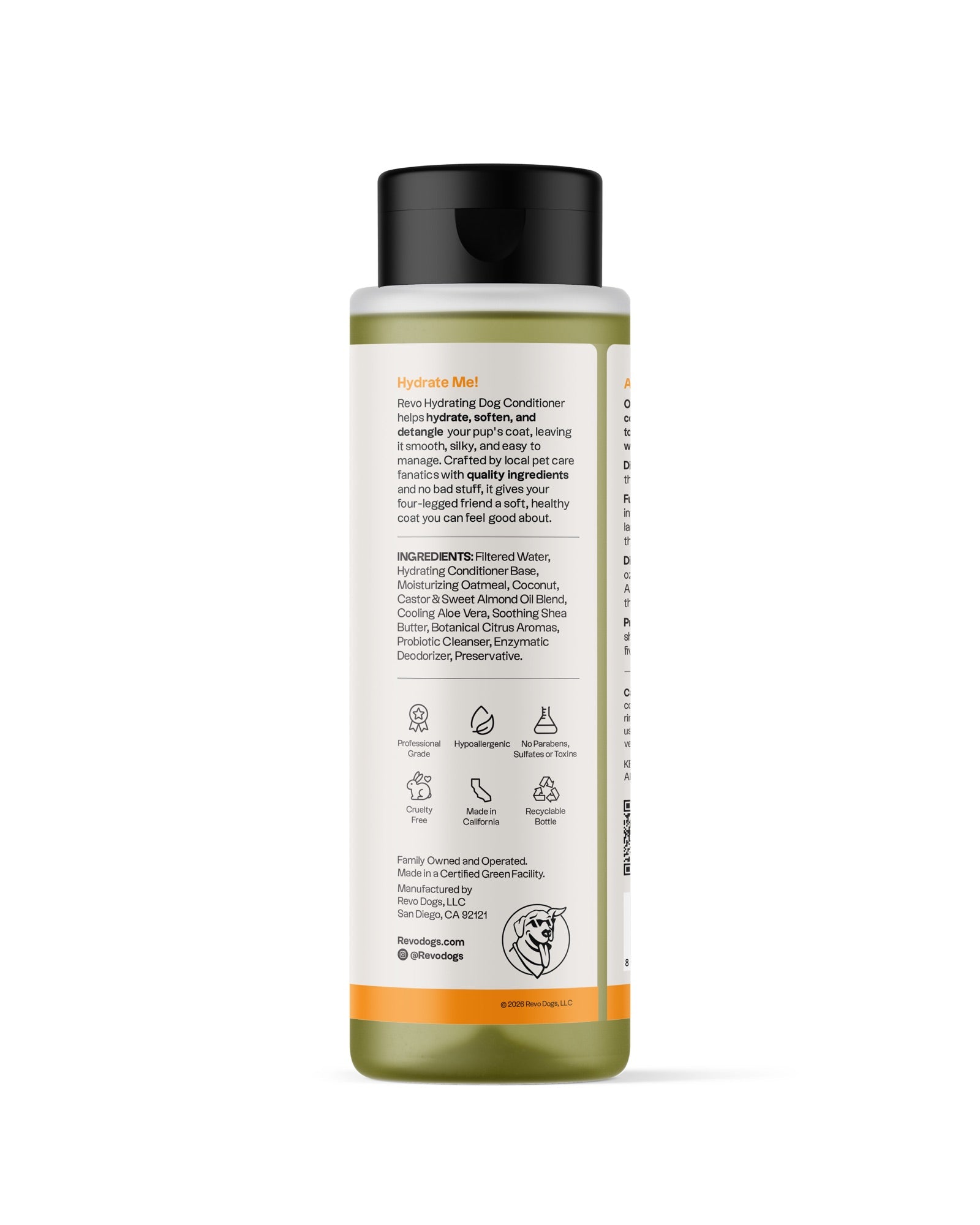 REVO Hydrating Dog Conditioner, Tropical Citrus, 16 fl oz bottle, ingredients label