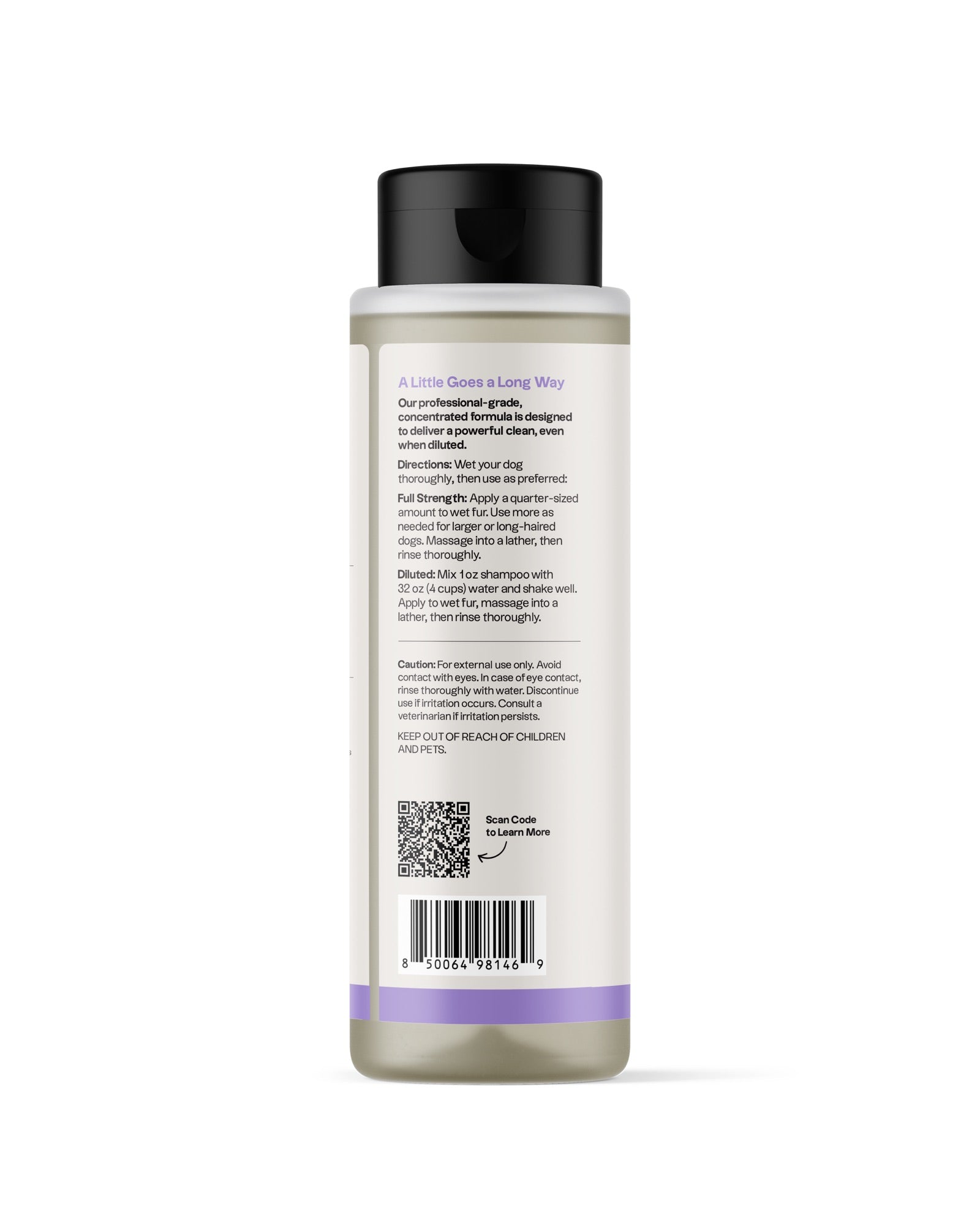 REVO Gentle Dog Shampoo, Midnight Plumeria, 16 fl oz bottle, directions label