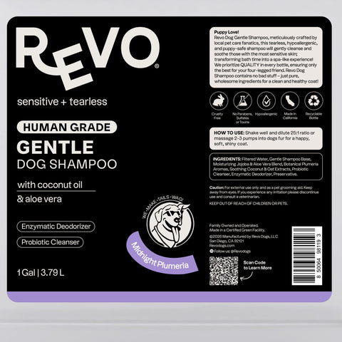 Revo Gentle Dog Shampoo, Midnight Plumeria label: directions and ingredients