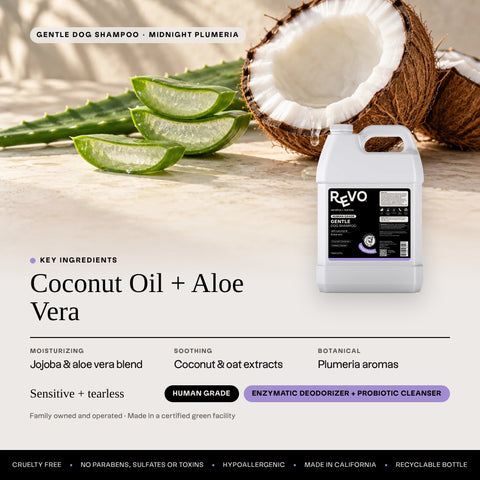 Revo Gentle Dog Shampoo, Midnight Plumeria: key ingredients coconut oil + aloe vera, sensitive + tearless, label benefits