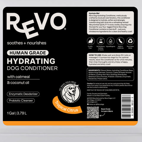 Revo Hydrating Dog Conditioner, Tropical Citrus label: directions and ingredients