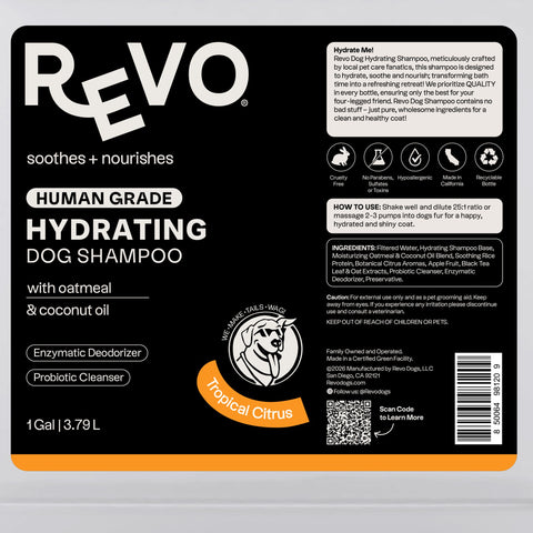 Revo Hydrating Dog Shampoo, Tropical Citrus label: directions and ingredients