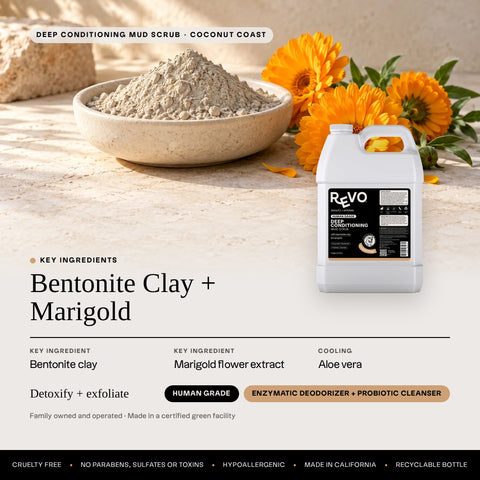 Revo Deep Conditioning Mud Scrub, Coconut Coast: key ingredients bentonite clay + marigold, detoxify + exfoliate, label benefits