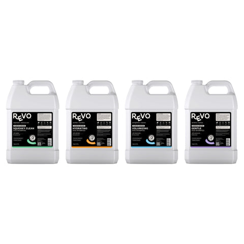 Revo 1-gallon shampoo lineup: Squeaky Clean, Hydrating, Volumizing, Gentle