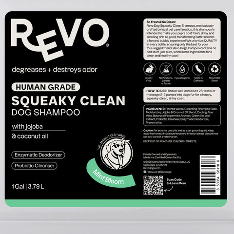 Revo Squeaky Clean Dog Shampoo, Mint Bloom label: directions and ingredients