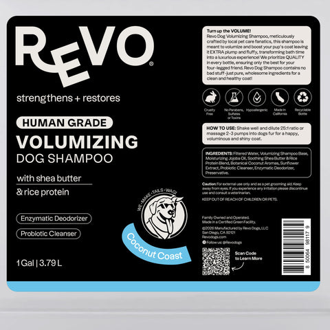 Revo Volumizing Dog Shampoo, Coconut Coast label: directions and ingredients