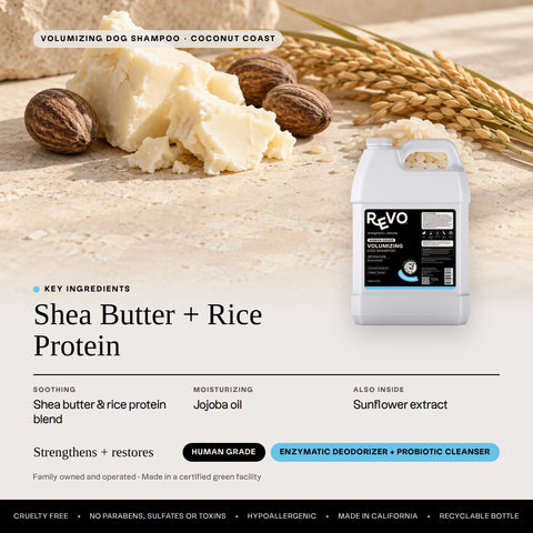 Revo Volumizing Dog Shampoo, Coconut Coast: key ingredients shea butter + rice protein, strengthens + restores, label benefits