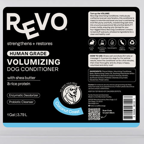 Revo Volumizing Dog Conditioner, Coconut Coast label: directions and ingredients