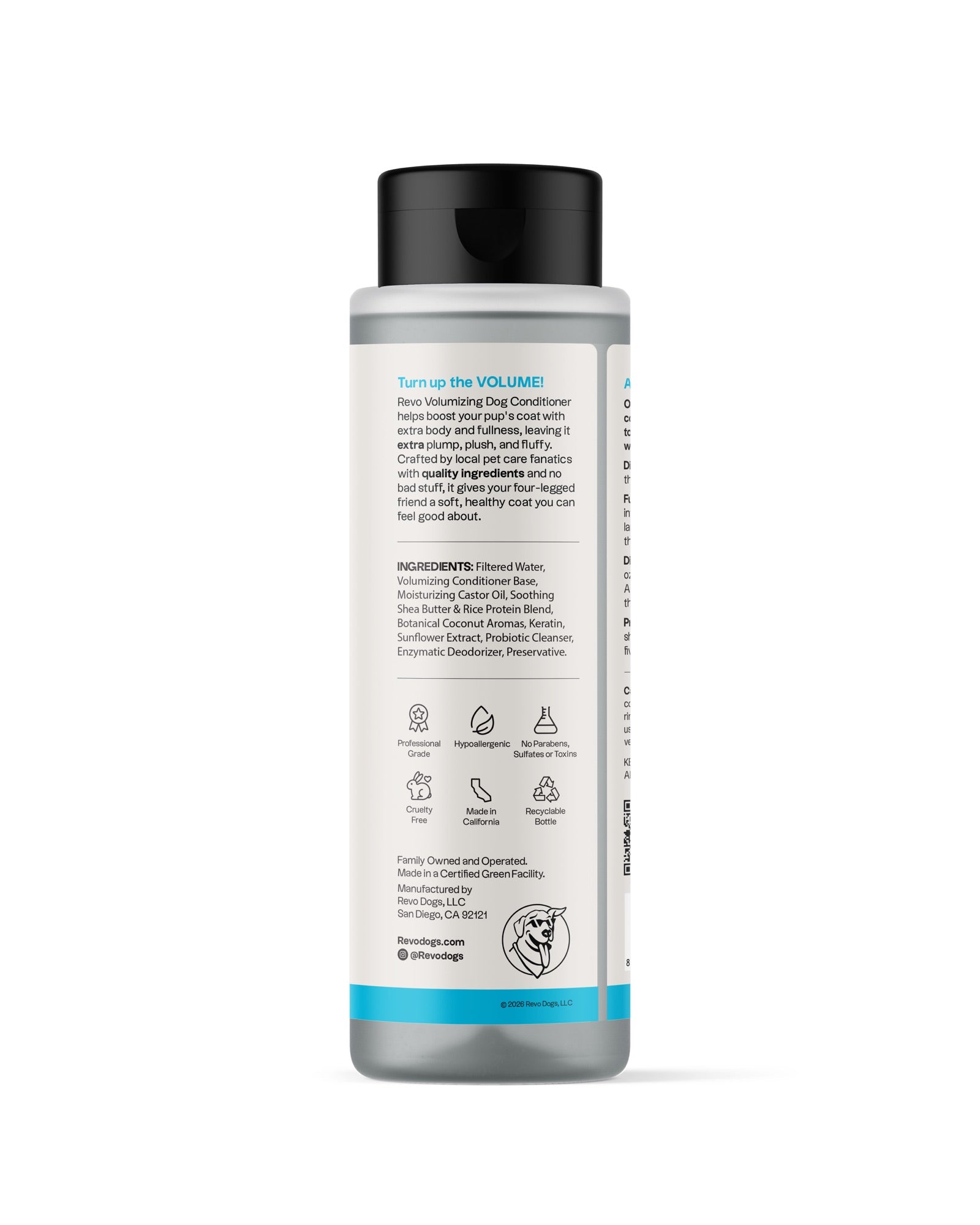 REVO Volumizing Dog Conditioner, Coconut Coast, 16 fl oz bottle, ingredients label
