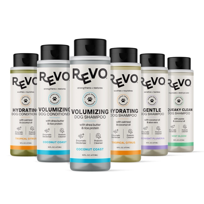 REVO 16 fl oz bottles: Hydrating, Volumizing, Gentle and Squeaky Clean shampoos with Hydrating and Volumizing conditioners