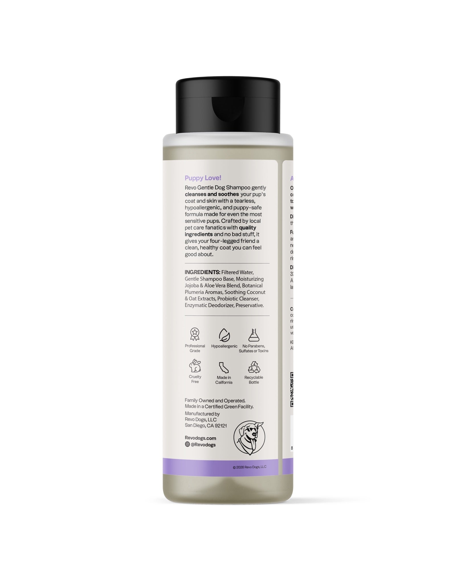 REVO Gentle Dog Shampoo, Midnight Plumeria, 16 fl oz bottle, ingredients label