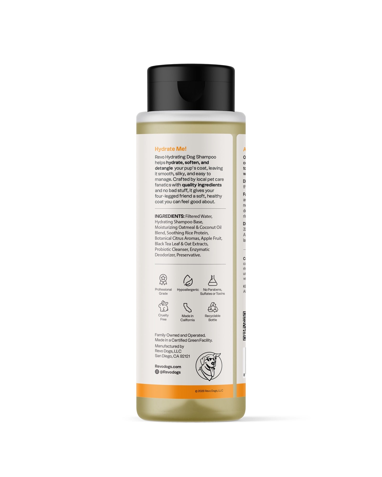 REVO Hydrating Dog Shampoo, Tropical Citrus, 16 fl oz bottle, ingredients label