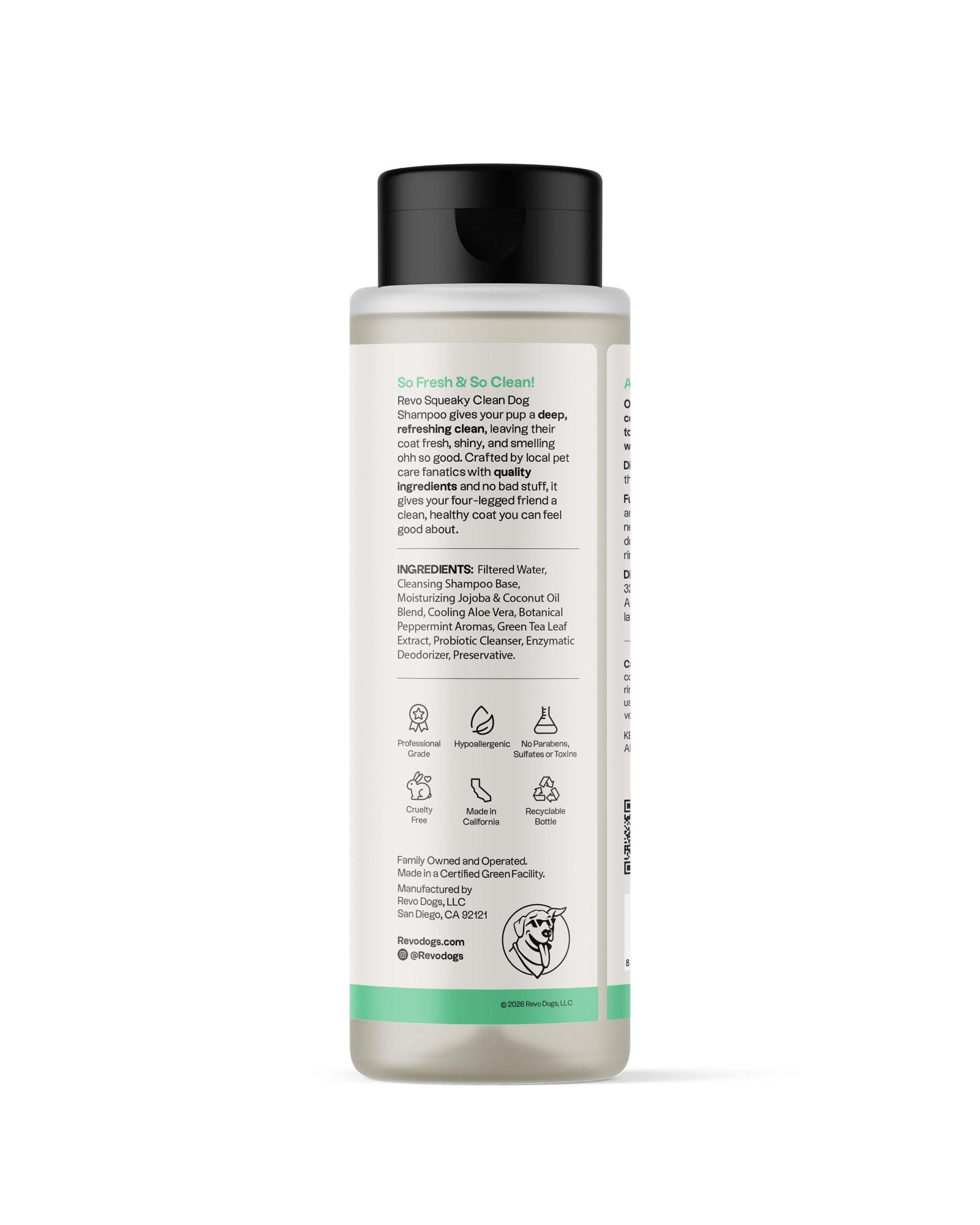 REVO Squeaky Clean Dog Shampoo, Mint Bloom, 16 fl oz bottle, ingredients label