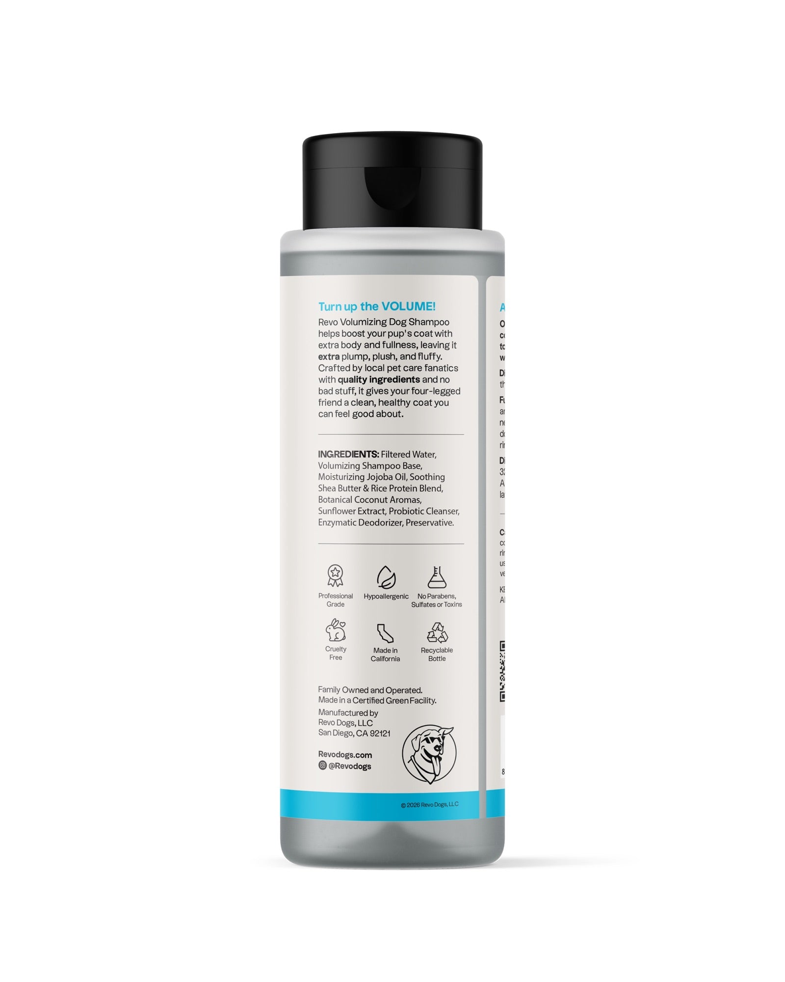 REVO Volumizing Dog Shampoo, Coconut Coast, 16 fl oz bottle, ingredients label